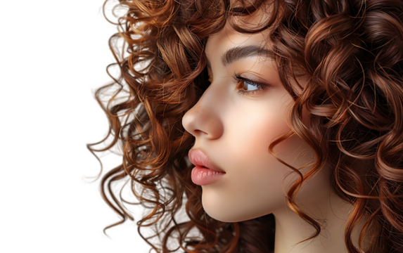 Closeup profile of a woman with curly auburn hair beauty and fashion photography