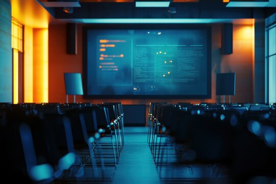 Cybersecurity seminar in a modern lecture hall with code displayed on a large screen