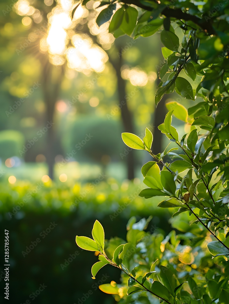 Poster serene natural greenery with sunlight filtering through leaves in a lush garden : generative ai