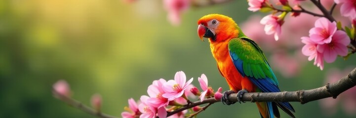 Obraz premium A colorful parrot rests on a blossoming tree, bokeh background, parrot, fauna