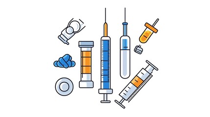 Obraz premium Medical Supplies: Clean Line Illustration of Syringes and Vials AI Generated