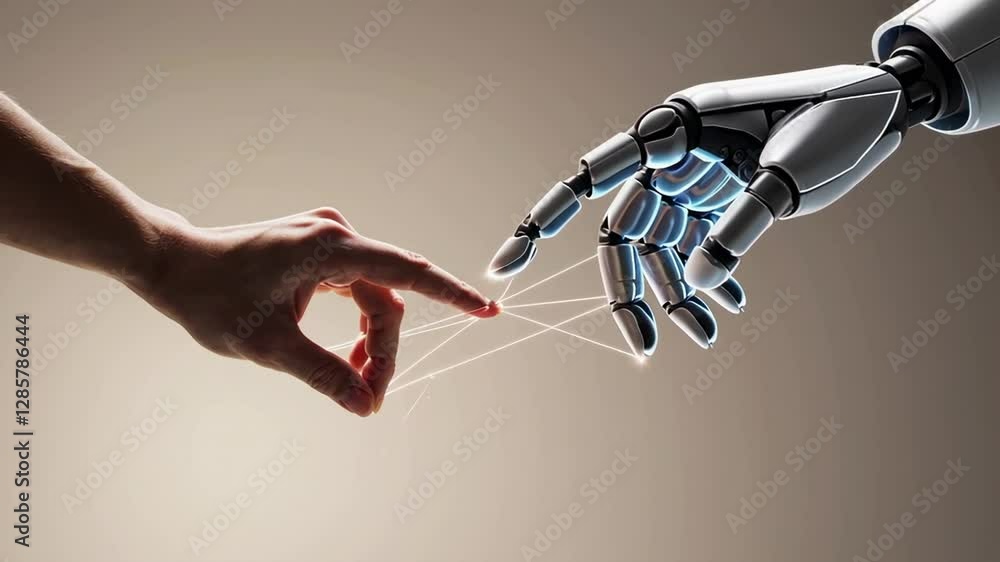 Aufkleber Neural network expanding through synchronized human and robotic hand touching, visualizing technological interaction on neutral background with intricate connection pathways emerging dynamically