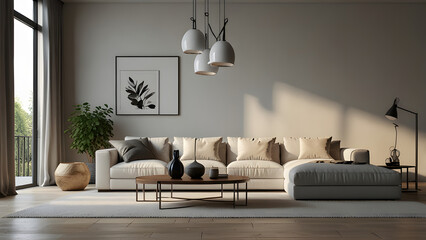 Modern Living Room Interior With Air Conditioner, Orange Sofa And Green Armchair