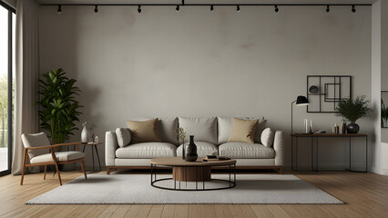 Modern Living Room Interior With Air Conditioner, Orange Sofa And Green Armchair