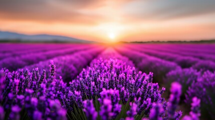 Fototapeta premium Serene lavender field at sunset glowing under a soft golden sky with blooming purple flowers stretching endlessly