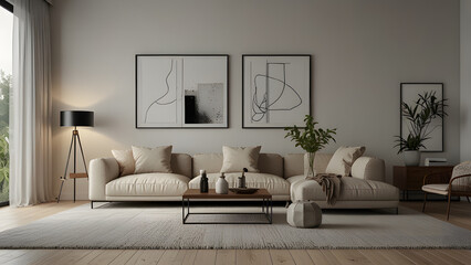 Modern Living Room Interior With Air Conditioner, Orange Sofa And Green Armchair