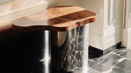 Unique hybrid console table showcasing mahogany wood and brushed stainless steel in a luxurious foyer with dramatic spotlighting