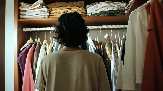 Organizing a cluttered closet with clothes and shoes scattered around