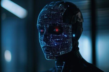 Futuristic AI robot with a digital interface and glowing cybernetic eye
