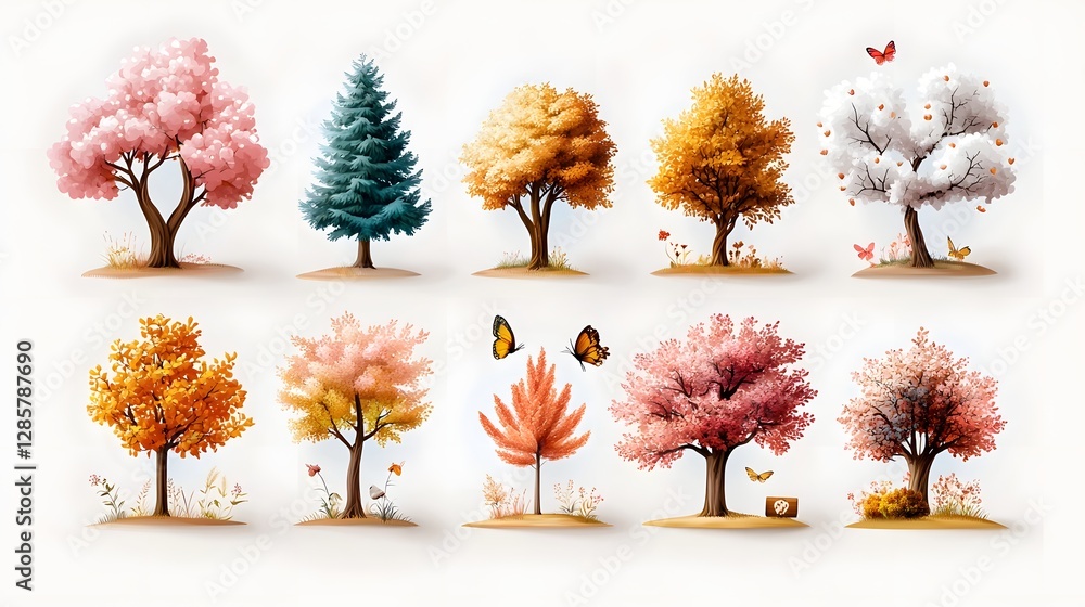 Poster gradient style icon set showcasing the seasonal transformations of forest trees throughout the year 