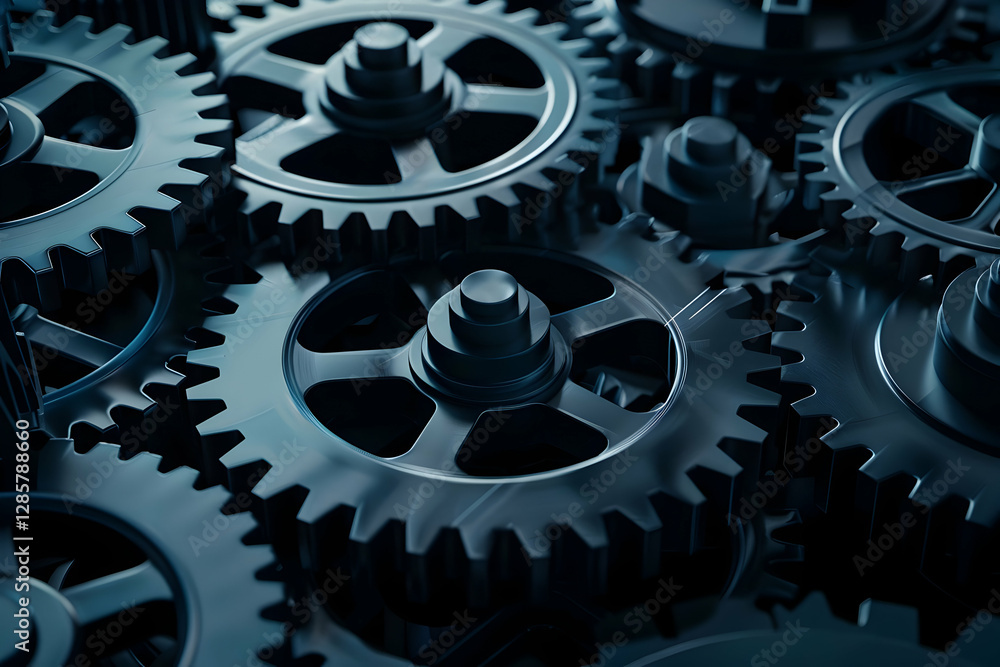 Poster close-up view of interlocking black gears creating a complex mechanical system in motion
