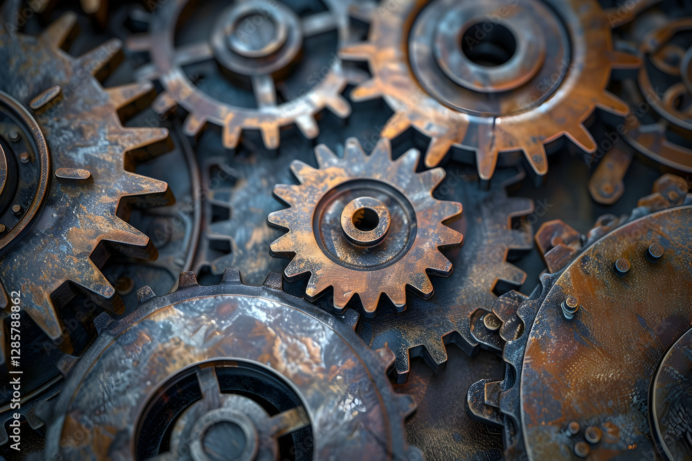 Poster close-up view of intricately designed rusty gears interlocking with each other, showcasing vintage m