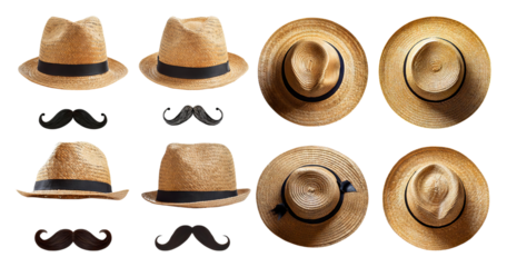 Variety of Stylish Straw Hats and Decorative Mustaches on White Background, isolated on transparent background