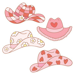 Set of various pink cowboy hats with stars, hearts and fringe. Vector flat illustration on isolated background. Cowgirl western accessory in disco party concept