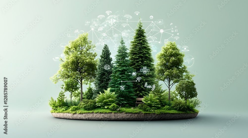 Poster infographic showcasing a digital representation of a forest ecosystem with tree icons symbolizing sm