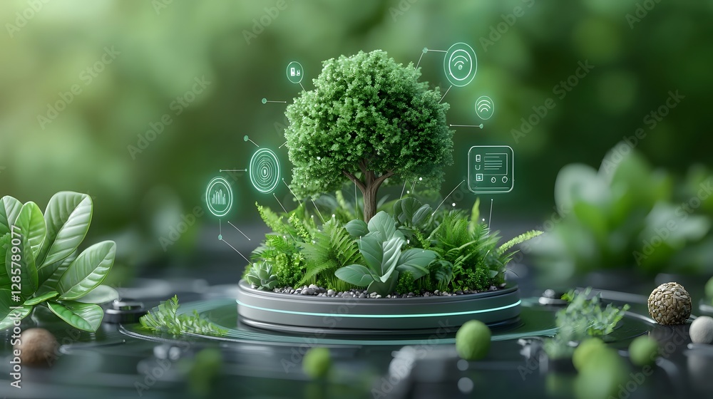 Poster digital infographic depicting trees represented as network icons highlighting the role of smart fore
