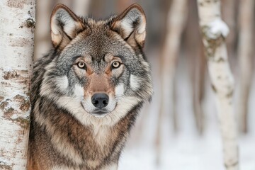 Fototapeta premium The Enigmatic Gaze: A Wolf's Winter Portrait in the Birch - Laden Forest