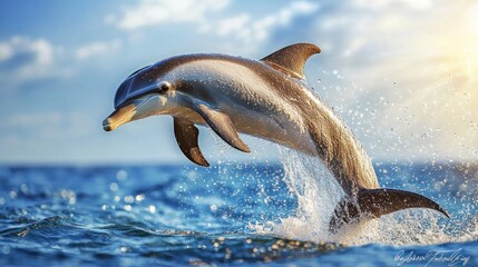 Majestic dolphin leaps ocean waves, vibrant sunrise background.  Possible use nature, wildlife, travel,  stock photo