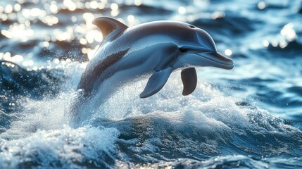 Majestic dolphin leaps ocean wave, golden light background.  Perfect for nature, wildlife, travel, and tourism