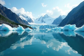 Crystal clear river flows past massive icebergs beneath a vast sky, reflecting the mountain peaks , environment, outdoor