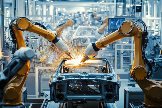 A high-tech automotive factory showcases a futuristic setting where robotic arms weld car frames. Bright sparks scatter as multiple automated welders operate simultaneously in a sleek, advanced enviro