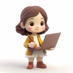 A girl is holding a laptop and a pencil