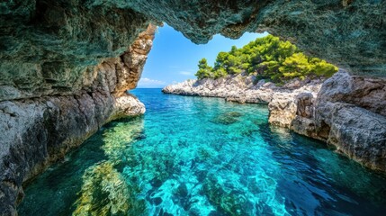 Spectacular sea cave with crystal-clear turquoise water, a coastal paradise