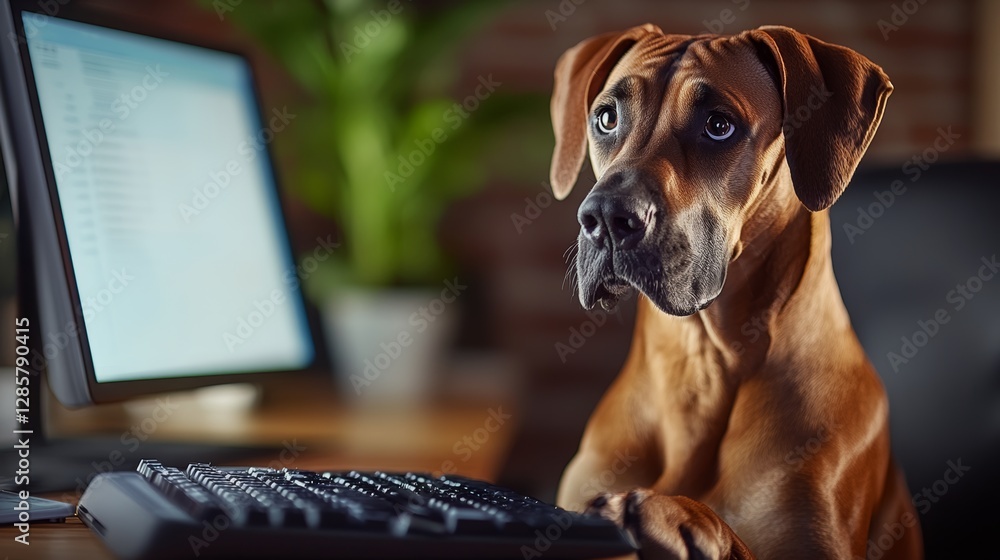 Poster brown dog is sitting in front of a computer keyboard. the dog is looking at the camera with a sad ex