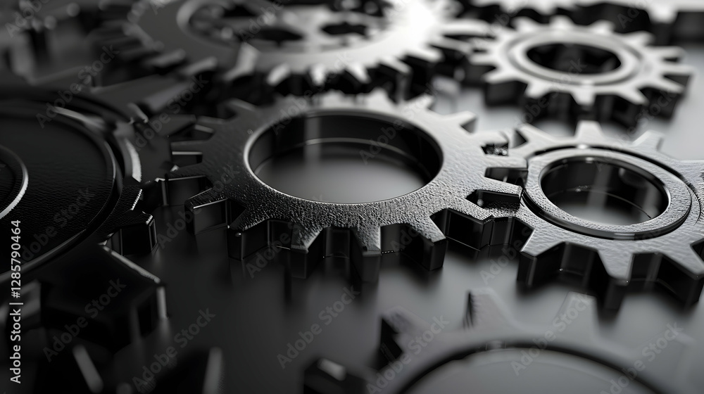 Poster close-up view of interlocking black gears on a reflective surface, showcasing mechanical precision