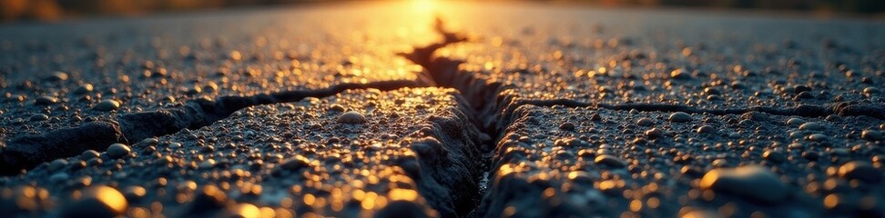 Deep fissures, sun-baked asphalt, granular detail, pavement, design