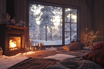 A fireplace with an open fire, surrounded by cozy blankets and pillows on the floor, creating a warm atmosphere in front of large windows overlooking snow-covered trees outside.