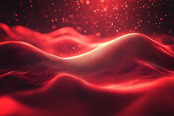 Abstract digital landscape of red waving lines and shining particles