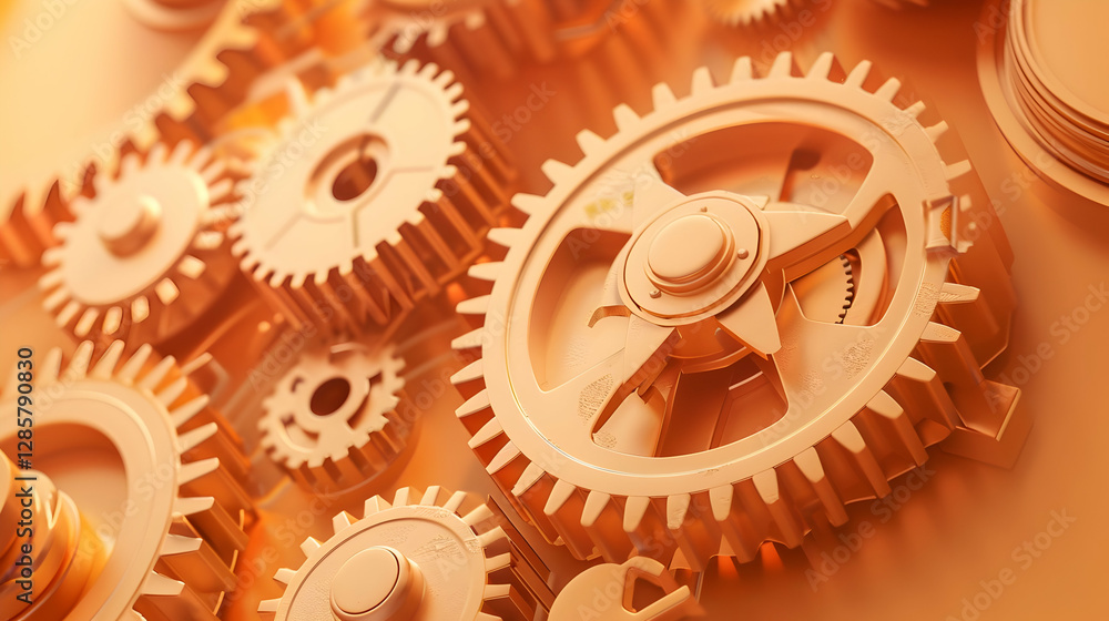 Poster close-up view of interlocking gears in warm tones, showcasing mechanical precision and design