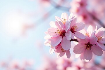 Obraz premium Delicate pink cherry blossoms in full bloom against a soft spring sky , branches, delicate
