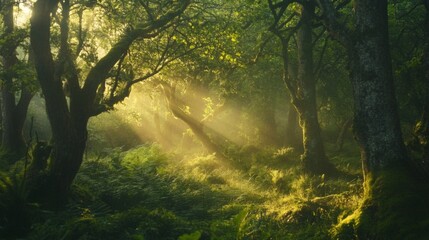 Fototapeta premium Sunlight streams through misty forest at dawn. Possible use Nature photography