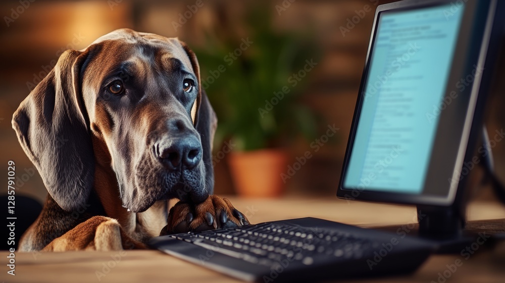 Poster large dog is sitting on a desk in front of a computer monitor. the dog is looking at the screen with