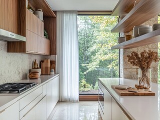 A kitchen with a white counter and a wooden shelf