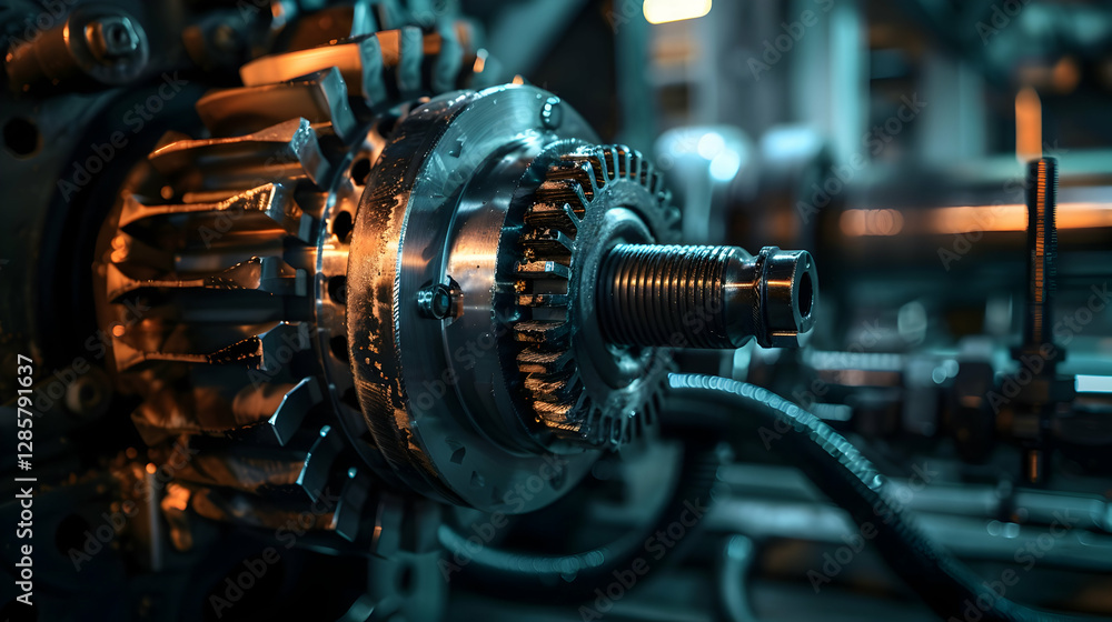 Poster close-up of a detailed industrial machine part illuminated by ambient light in a workshop