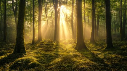Obraz premium Sunlight streams through misty forest floor. Possible use Nature photography
