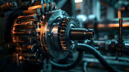 Close-up of a detailed industrial machine part illuminated by ambient light in a workshop