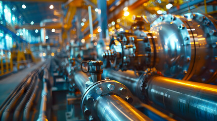 Fototapeta premium Industrial scene showcasing intricate piping and machinery in a well-lit factory environment