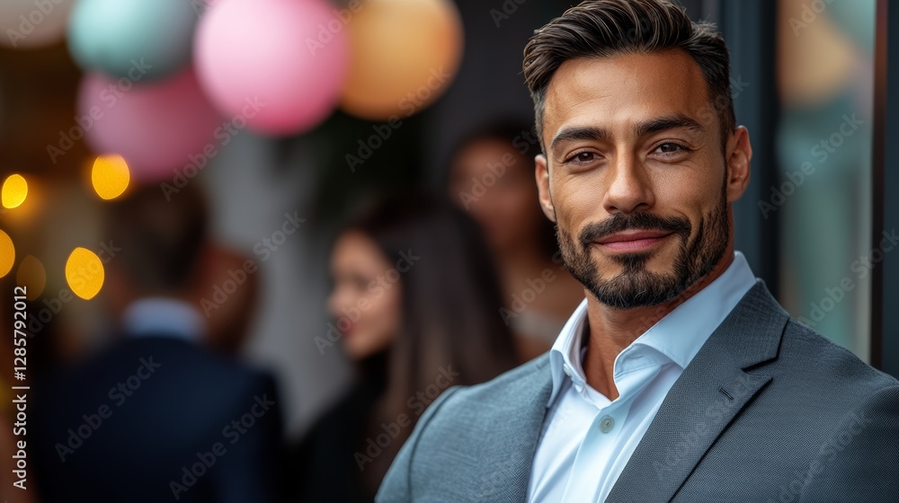 Poster man in a suit and tie is smiling for the camera. he is the main focus of the image