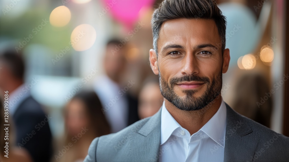 Aufkleber man in a suit and tie is smiling at the camera. he is the main focus of the image
