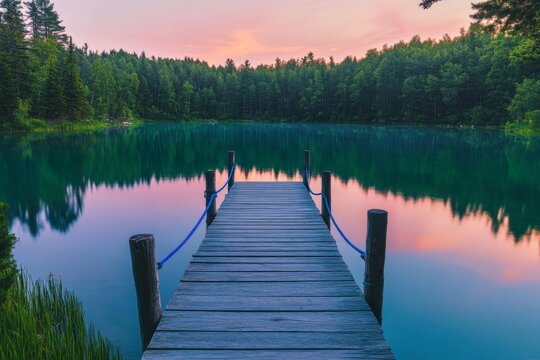 Tranquil sunset over forest-encircled lake with wooden pier reflection