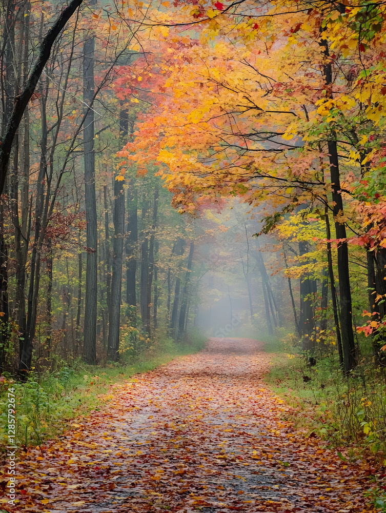 Poster serene autumn pathway in colorful forest with falling leaves and misty ambiance : generative ai