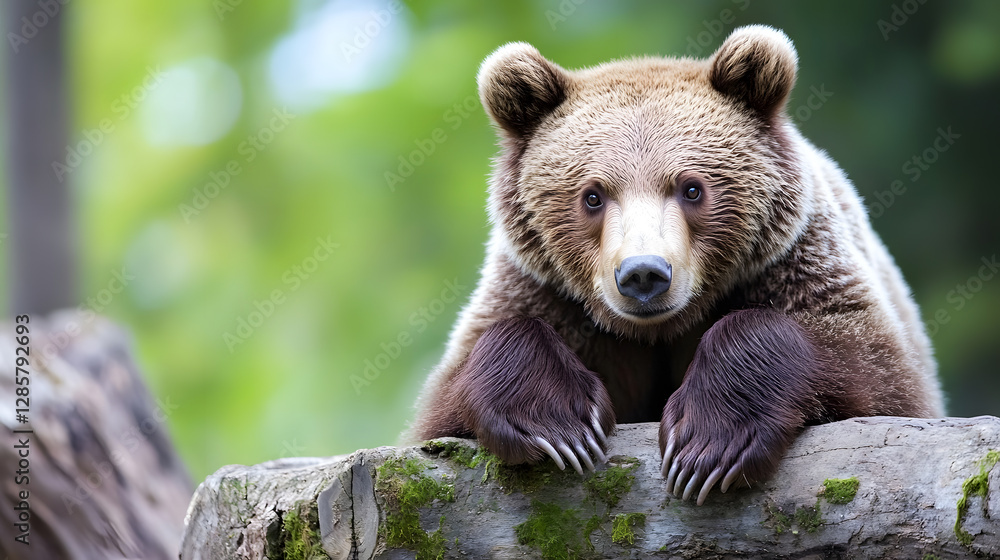 Poster adorable brown bear cub on a log with green forest background wildlife : generative ai