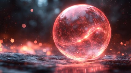 Fototapeta premium Enchanting red orb rests on dark stone, mystical forest background