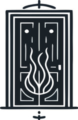 A striking black-and-white minimalist illustration of a mysterious door adorned with a burning flame symbol. The design evokes themes of mysticism, secrecy