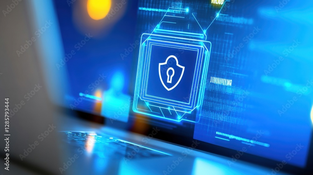 Poster cybersecurity action protecting digital assets virtual environment graphic representation futuristic