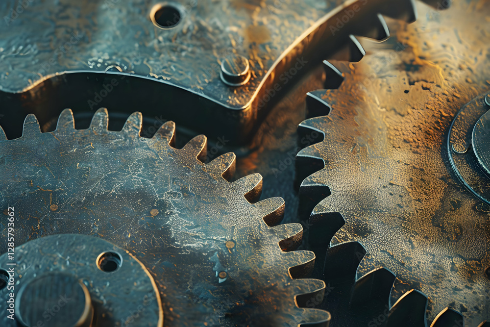 Poster close-up of interlocking metallic gears showcasing intricate details and textures in an industrial s